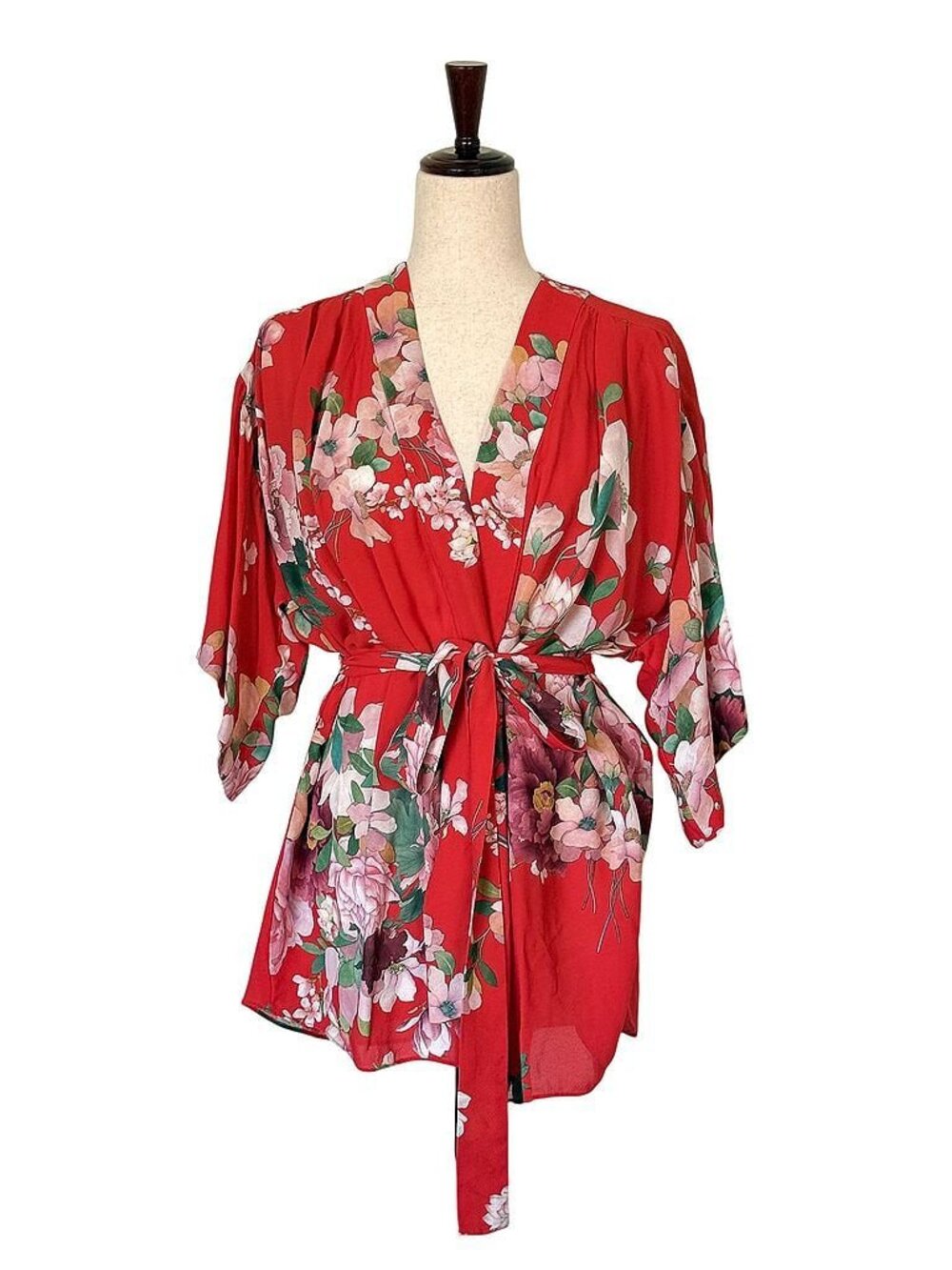 Zara Red Floral Kimono Jacket Belted Wrap Top Boho